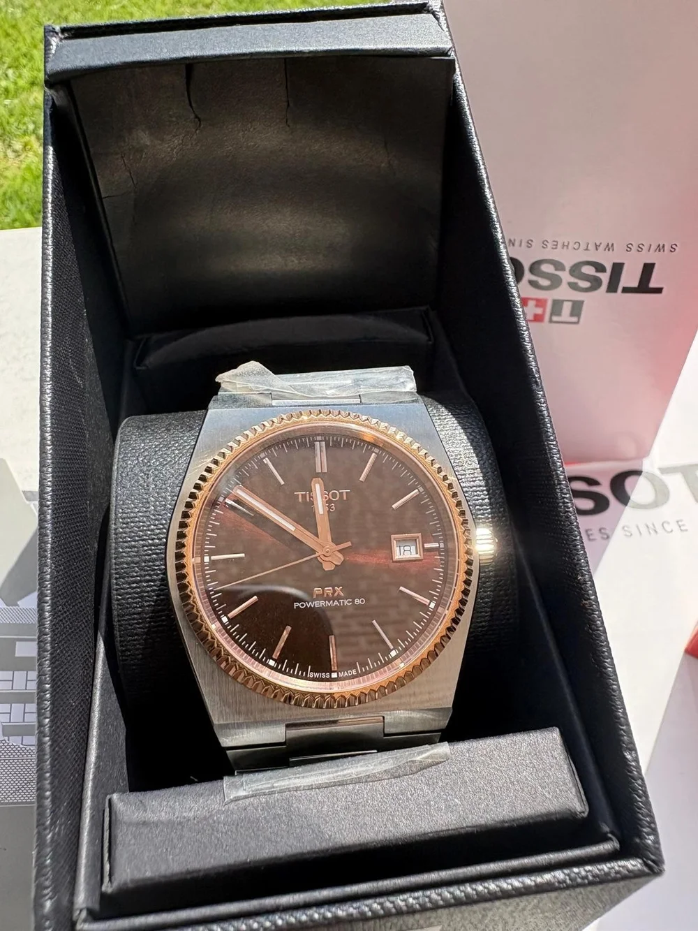 Tissot PRX Two-Tone Silver and 18k Rose Gold Watch with Brown Sunburst Dial